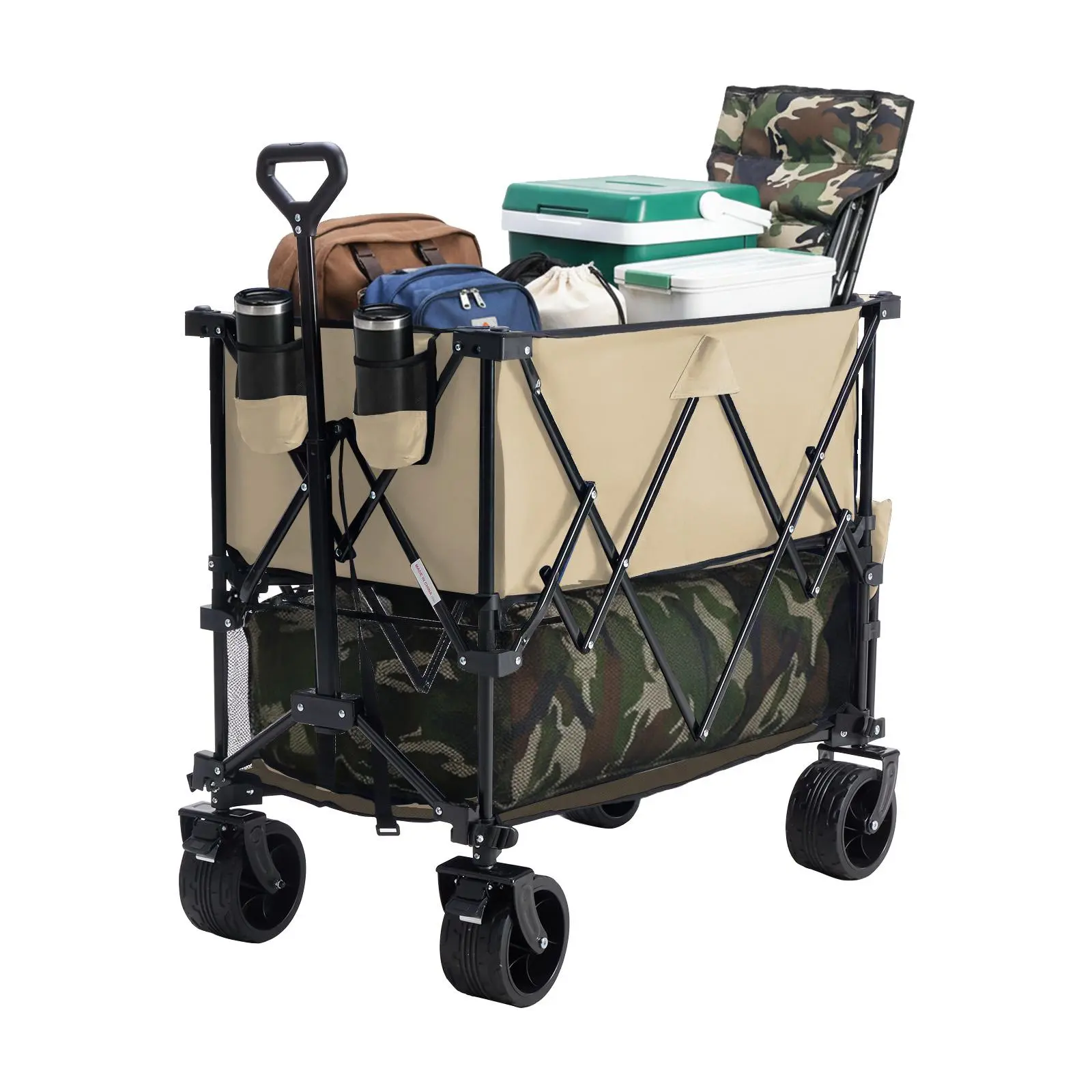 【Summer Sale】Large Capacity Folding Double Decker Wagon with Brakes 440 lbs Capacity Foldable Wagon Cart with Flexible Handle All Terrain Big Wheels for Grocery Sports Garden Camping