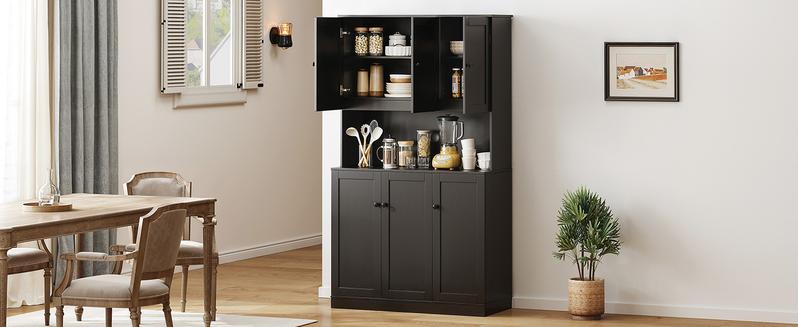 【Valentine's Day Gift】ONBRILL 71" Tall Kitchen Pantry Storage Cabinet with Microwave Stand & Door Shelf, Freestanding Kitchen Hutch with 6 Doors and Adjustable Shelves, Modern Food Pantry for Kitchen, Dining Room