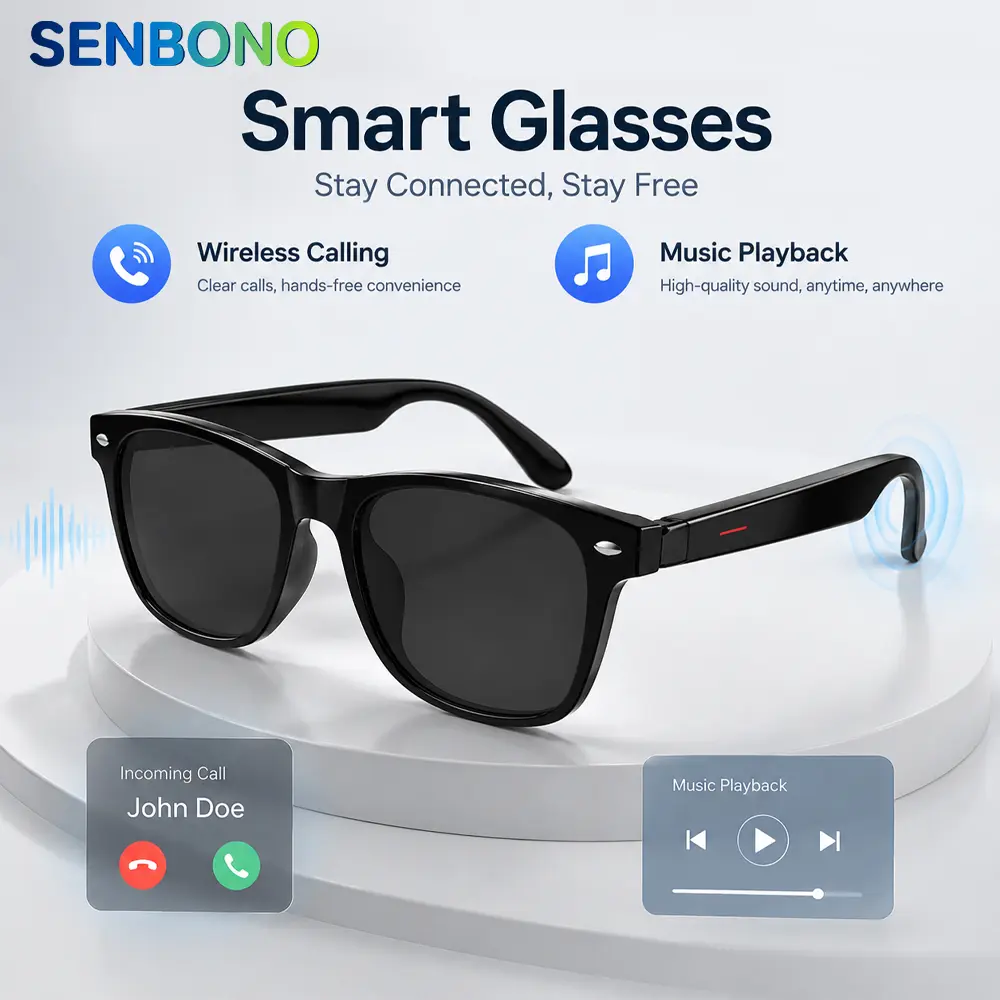 SENBONO Wearable Smart Audio Sunglasses - Hands-free Wireless Calling, Music Playback, Magnetic Charging, Long Battery Life, Casual Wear, Cam-compatible Portable Outdoor Smart Glasses