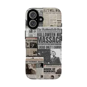 Horror Newspaper Collage Tough Phone Case for iPhone 11, 12, 13, 14, 15, 16, 17 Pro Max Plus. Spooky Halloween Gift with Anti-Drop, Waterproof, Shockproof, Scratch-Resistant Full Protection & Glossy Finish.