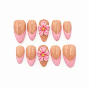 Press On Nails  flower , Medium Almond, Nude Blush Base, Pink Tips, 3D Flower Accents, Glossy Finish Prette Nail Studio