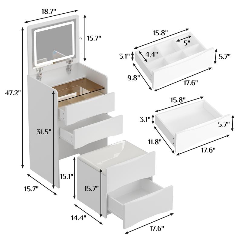 FUFU&GAGA 4 Types Makeup Vanity Desk with 3-Lights Mirror and Drawers for Makeup Equipped with Stool