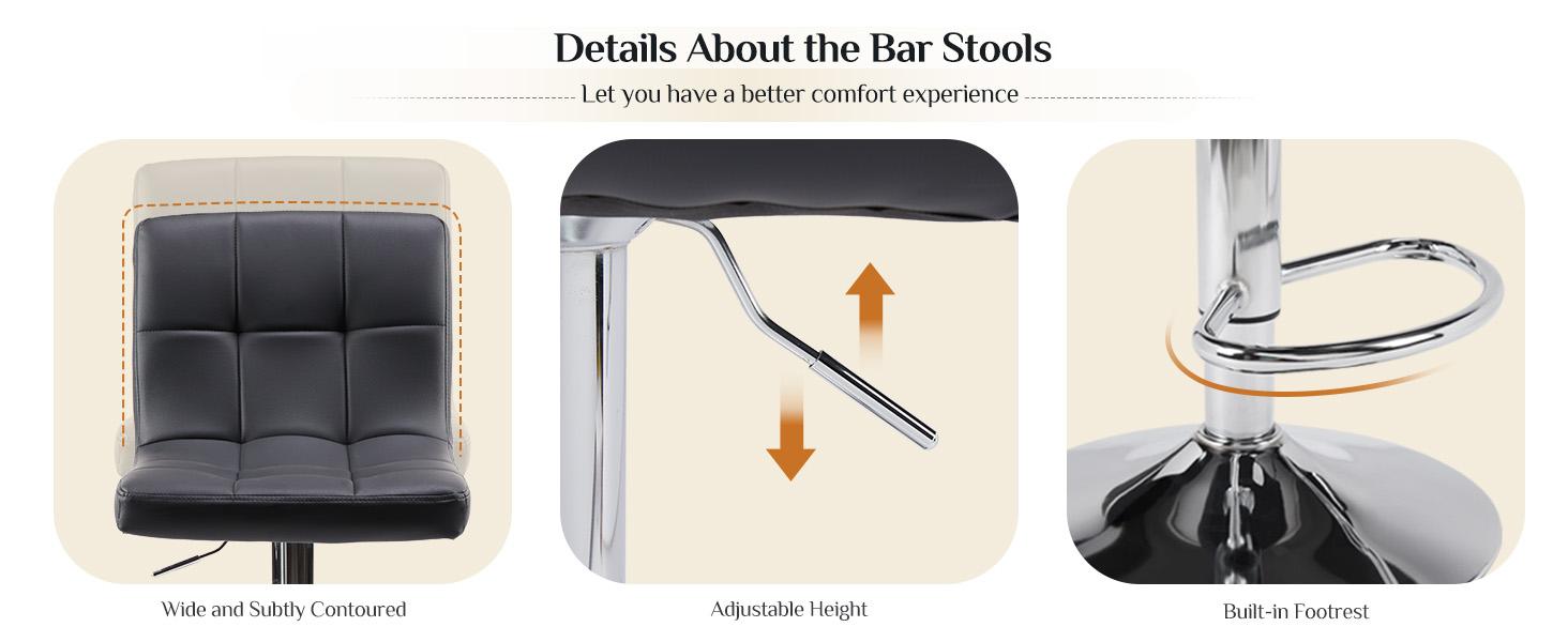 Swivel Barstools Set of 2 in PU Leather with Hydraulic Lift, Kitchen Counter Height Stools Featuring Thickened Seat Cushions and Back