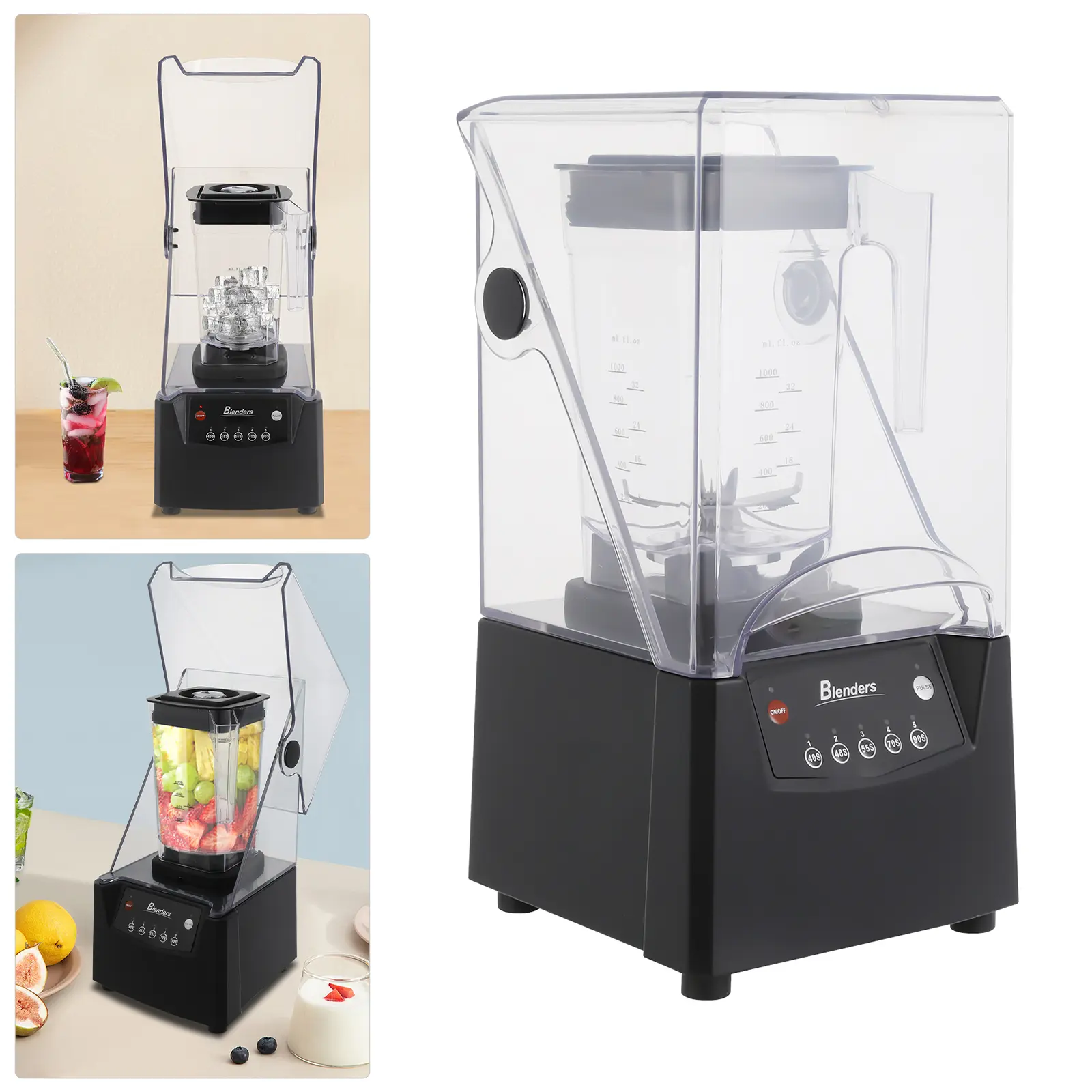 2600W Low Noise Blender Machine, 0.48 Gal Capacity, 5 Time Settings, Stainless Steel Blades, US Standard Plug, Square Corded Polycarbonate Unit, Home Use for Milkshakes & Smoothies, Includes 1*English Manual & 1*Soundproof Smoothie Machine Accessory
