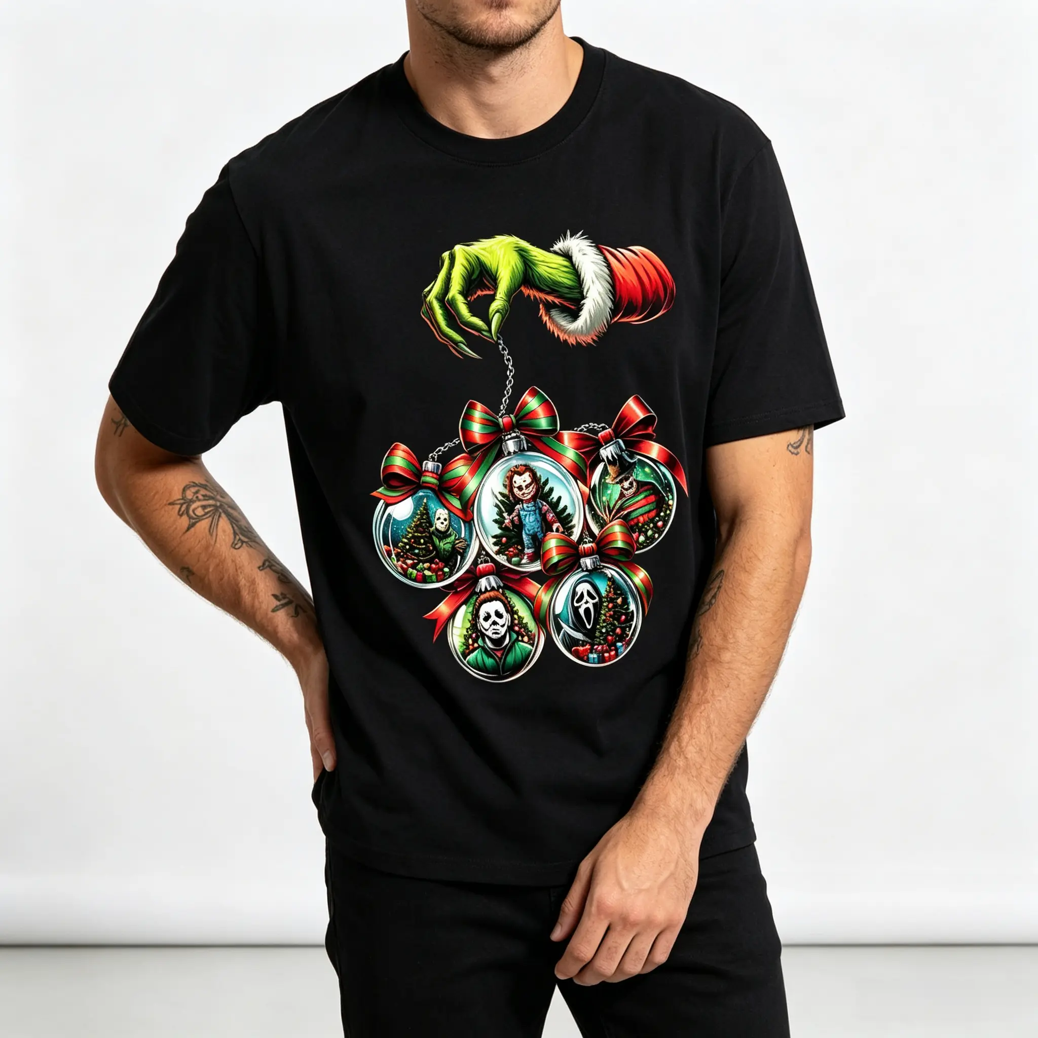 Men's 100% Cotton Crewneck Short Sleeve Graphic Tee - Grinch Hand Hanging Horror Movie Character Christmas Ornament Print, Festive Casual Menswear Top, Gift for Horror Xmas Fans