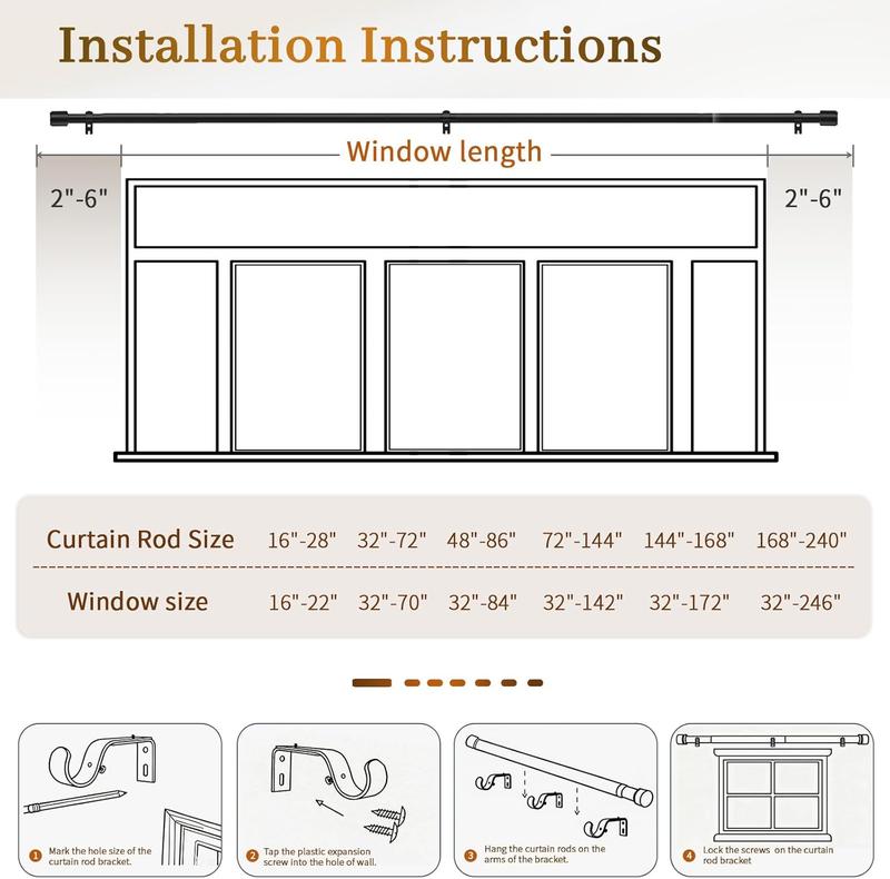 Inovaday Heavy Duty Stable Curtain Rods for windows, Adjustable Window Rod with Finials, 1 Inch Drapery Rod for Bedroom, Living Room, Outdoor Patio