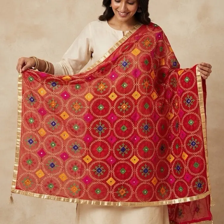 Embroidered Phulkari Dupatta Scarf with Gold Gota Border, Traditional Indian Ethnic Wear Stole for Women, Kurta & Lehenga Shawl, 40" x 95"
