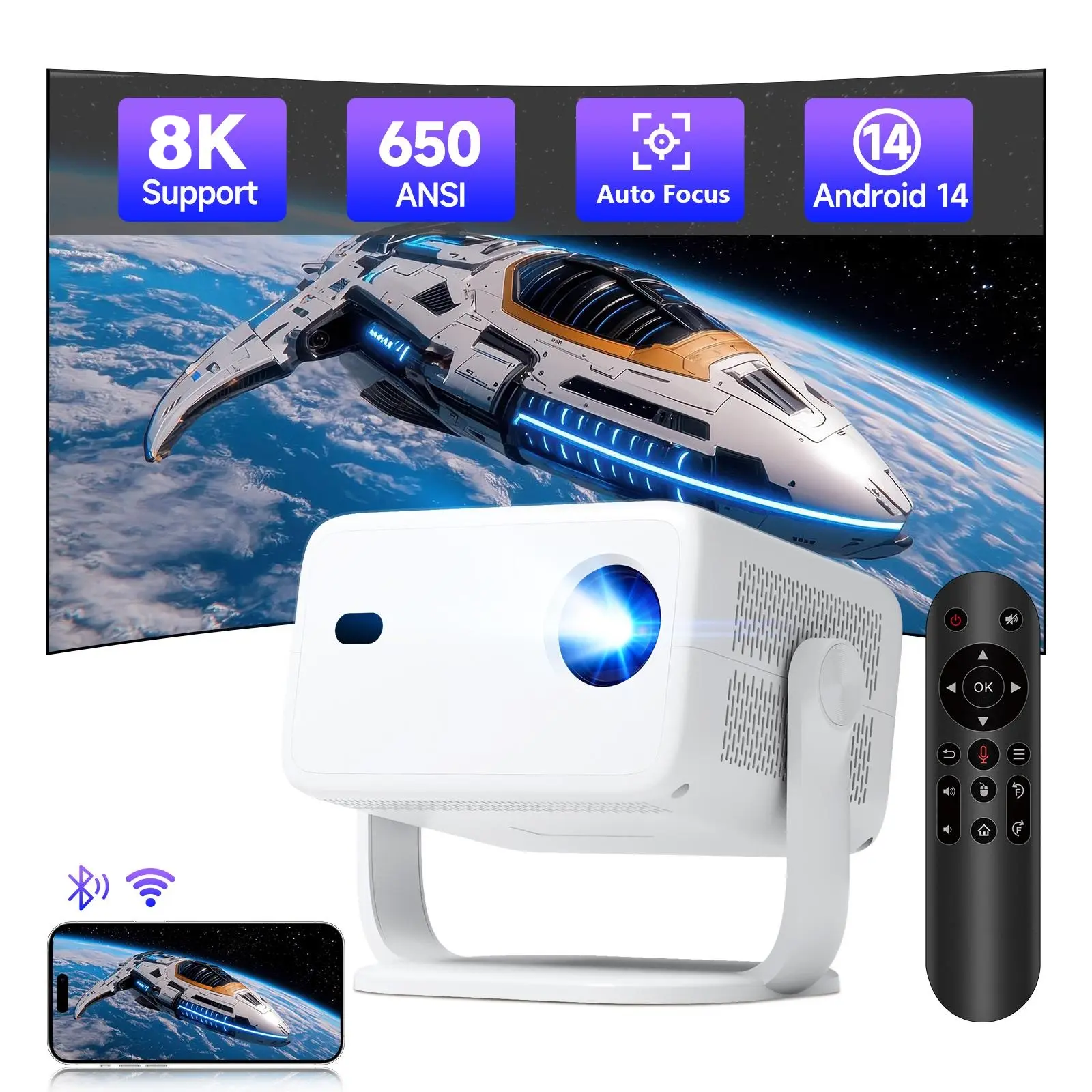 Smart L018 LCD Auto Focus Projector, 650ANSI, WiFi6, Wireless, Built-in HiFi Audio, Voice Control, Fully Auto Keystone Correction, Android 14, Allwinner H726, Native 1080P, BT5.2, 360°-Rotatable Portable Smart Home Theater, Audios #TikTokShopBackToSchool,