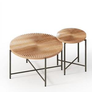 Radial Pattern 2-Piece Coffee and End Table Set Waterproof MDF with PVC Cover Distressed Cylindrical Design Black Metal Legs Classic Rustic Charm Red Cedar-Brown