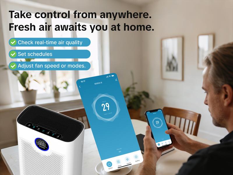 Smart WiFi Air Purifier with H14 True HEPA Filter – High-Efficiency Air Cleaning, App Control, 24dB Quiet, 5 Speeds, Auto Mode, Child Lock, Timer, for Home Bedroom Office
