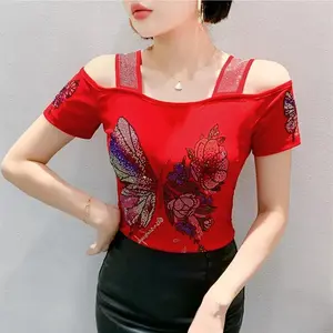 2025 spring new women's Streetwear  Classic Summer T-Shirt Chic Flower  Diamonds Tops  New Fashion's Sexy Off Shoulder Slim Tees Blouse