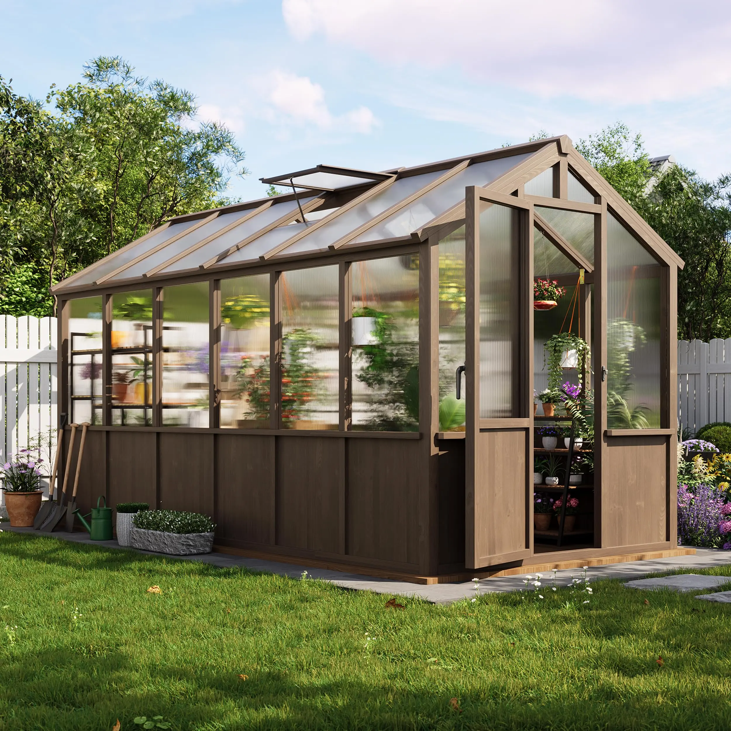 Garvee Polycarbonate Greenhouse (6x8, 6x10, 6x12 FT Sizes) - Heavy-Duty Spruce Frame, 720g PC Panels, 99% UV Protection, Adjustable Roof Vents, Lockable Door for Plant Growing in Garden, Backyard, Pot