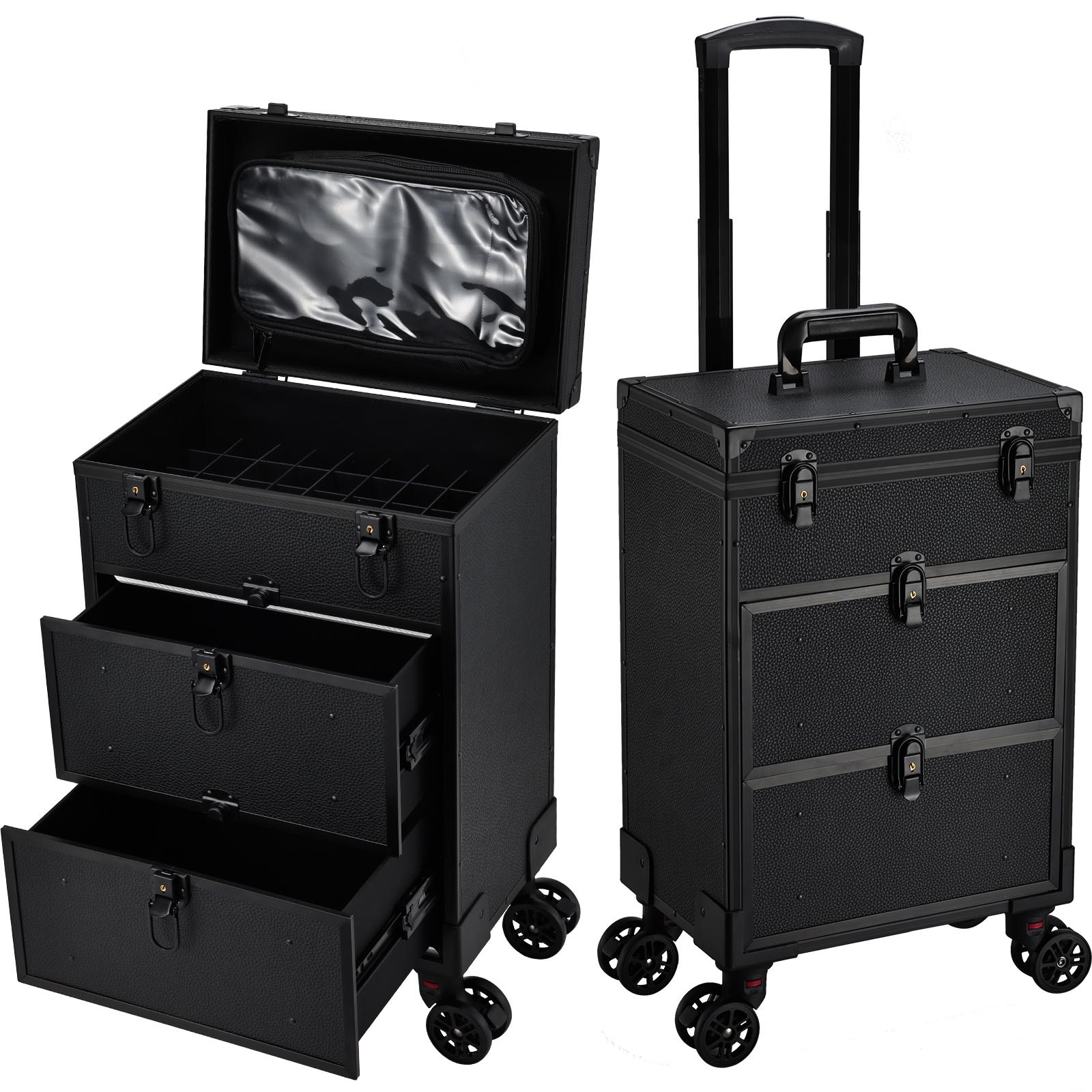 Rolling Makeup Case with Wheels Professional Cosmetology Trolley Case with 2 Large Drawers Travel Makeup Train Case with Pouch Nail Suitcase