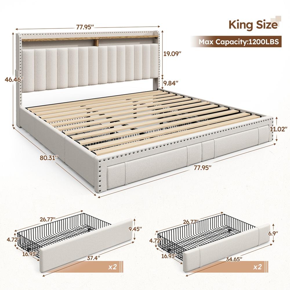 King Size Bed Frame with Storage & Headboard, Upholstered Queen or Full Size Divan Beds with Drawers & Shelves, Luxury Bed Frames- Modern Luxury Home Interior Furniture