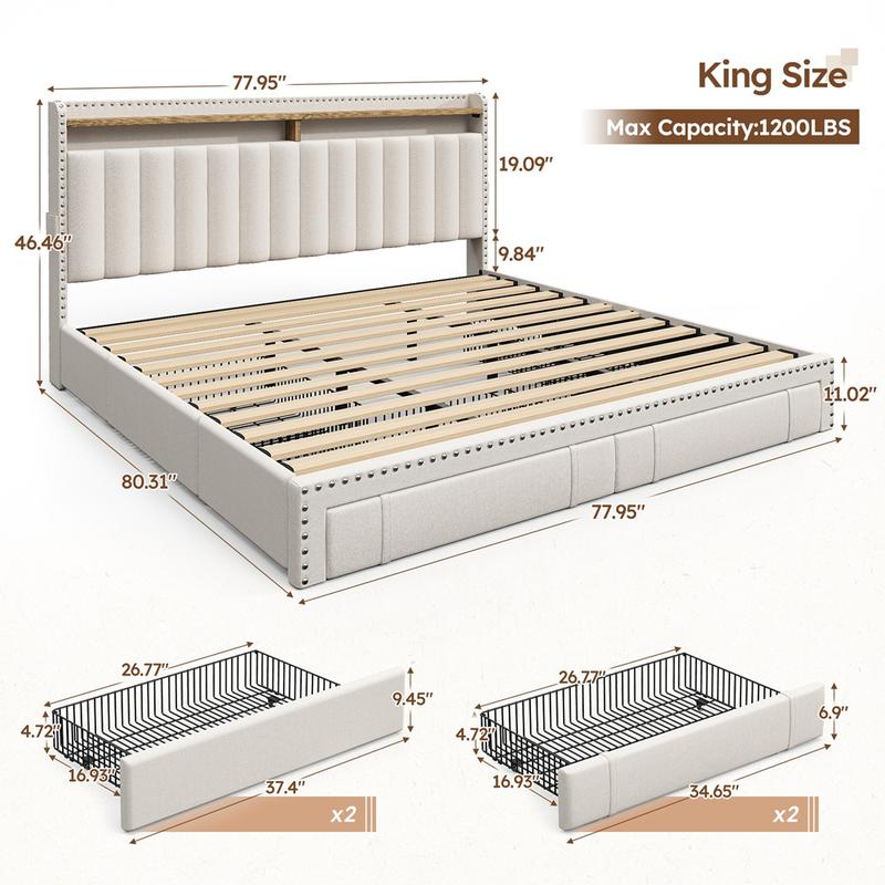 King Size Bed Frame with Storage & Headboard, Upholstered Queen or Full Size Divan Beds with Drawers & Shelves, Luxury Bed Frames- Modern Luxury Home Interior Furniture