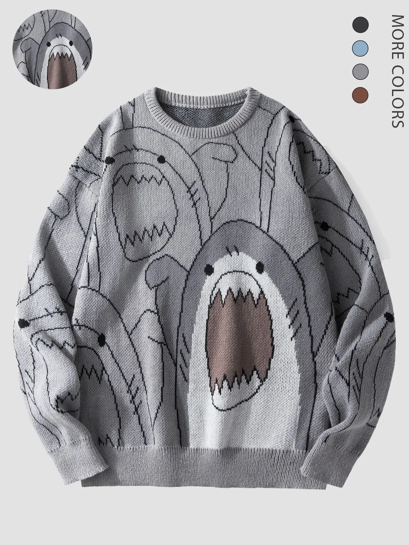 Men's Cartoon Shark Print Round Neck Sweatshirt, Regular Fit Casual Fashion Long Sleeve Pullover for Fall & Winter, Men's Clothes for Daily Wear