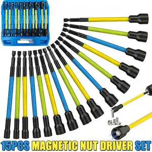 15Pcs Magnetic Nut Driver Set,Impact Power Hex Extra Long Nut Driver Drill Bit Master Kit | Metric | 1/4 Inch Hex Shank | Cr-V Steel