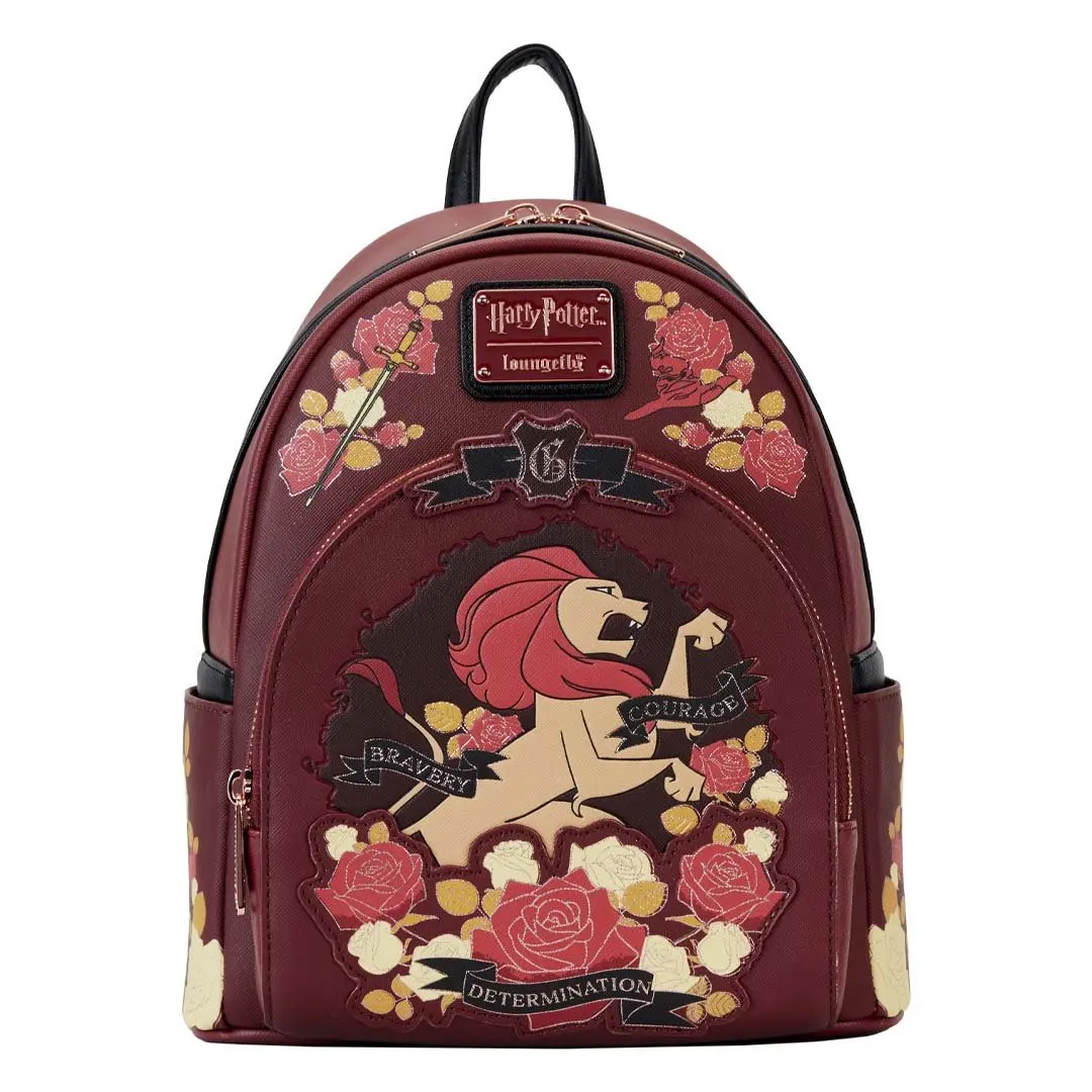 Loungefly Harry Potter Gryffindor House Tattoo Mini Backpack - Casual Faux Leather Bag with Floral Applique Embroidery and Foil Details, Collectibles, Female, Casual Wear, Mini Backpacks, Everyday Carry, Adjustable Strap, Graphic Print, 9" W X 10.5" H X 4