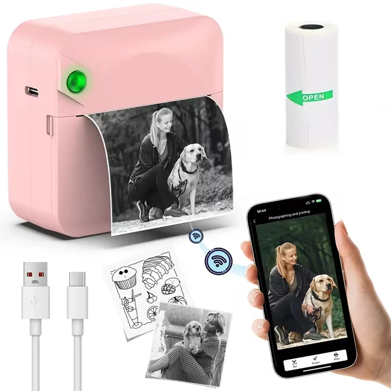 Pocket-Sized Inkless Mini Thermal Sticker Printer, Compact Photo Label Note Printer Compatible with iOS & Android, Pink & Blue, for Study Record, Office Marking