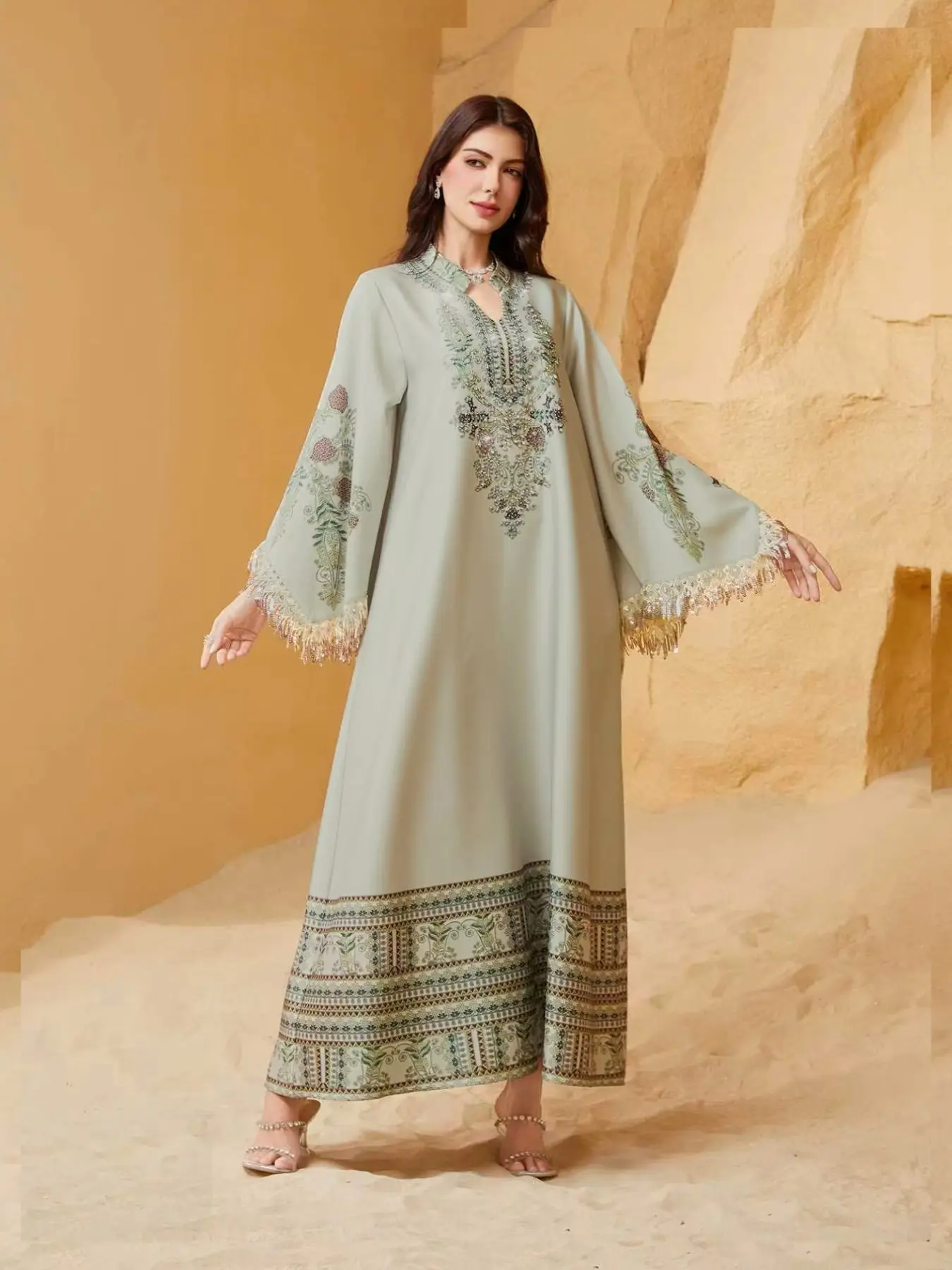 Women's Elegant Long Dress, Chic Elegant Formal, Loose Fit Ethnic Print, Long Sleeve, Lace-Up Design, All-Season Wear, Perfect for Evening Occasions & Special Events, Dresses for Party