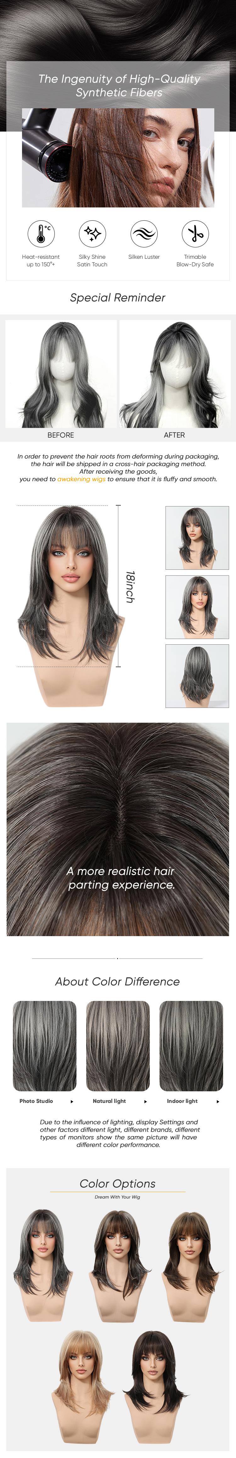 Ember H-DWY Mid-length Stright Grey Black with Highlights and Bangs Glueless Synthetic Wig for Women 18 Inches