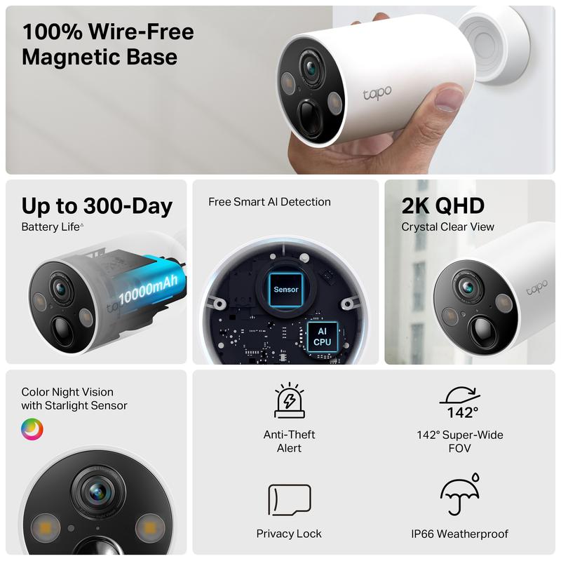 TP-Link & Tapo C425 - Editors’ Choice 2K QHD Wireless Outdoor Security Camera with Magnetic Mount, Long-Lasting Battery, AI Detection, 150° FOV, Color Night Vision, IP66 Weatherproof TP-Link & Tapo C425 - Editors’ Choice 2K QHD Wireless Outdoor Security Camera with Magnetic Mount, Long-Lasting Battery, AI Detection, 150° FOV, Color Night Vision, IP66 Weatherproof