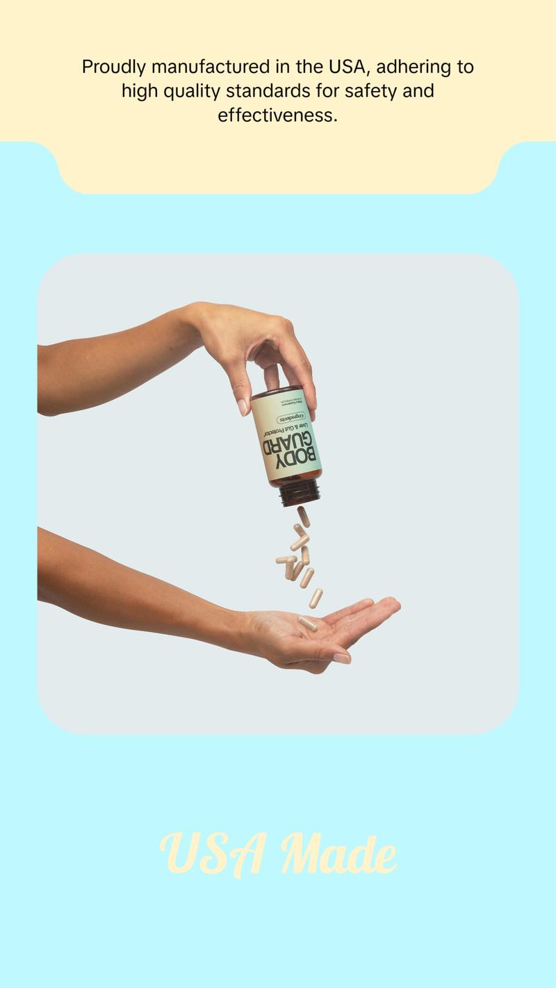 Bodyguard Liver Detox & Gut Health, Setria Glutathione 250mg, Master Antioxidant, Post-Celebration Formula, Red Flush Support, Vegan, Gluten Free, Made in USA, 4 Ingredients, 60 Capsules