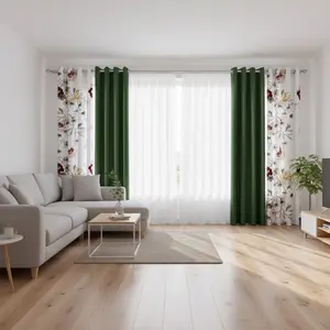 6-Piece Green Floral Curtain Set with Sheers – 2 Floral Print + 2 Solid Blue + 2 Sheer Panels, Rod Pocket Light Filtering Bedroom Living Room Decor, 38"x84" Floral / 55"x84" Sheer