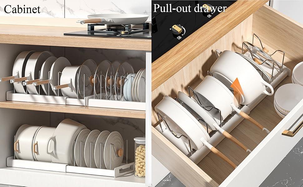 Pots and Pans Organizer Under Cabinet - Pot Lid Holder, Expandable Pan Organizer for Cabinet, Pot Rack with 10 Adjustable Compartments for Kitchen Cabinet, Frying Rack, Lid, Cookware,1 Pcs
