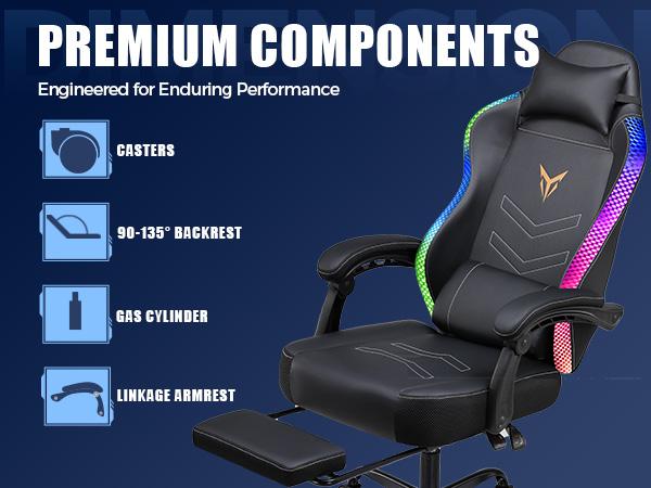 GTPLAYER Gaming Chair with Footrest, Recliner Chair with Led Lights, Headrest & Lumbar Support, Linkage Armrest,Ergonomic Gaming Chair, High Back Office Home, Black