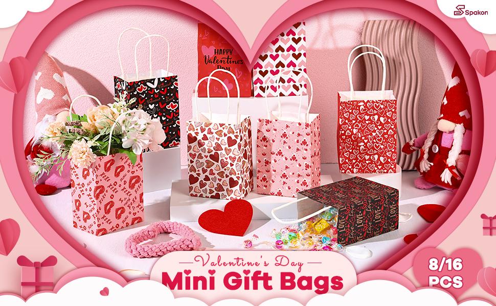 32 Pcs Valentines Day Goodie Bags Kraft Paper Gift Bags with Handle Tissue Paper,Appreciation Gift Wrapping for Friends Teacher Students Office Employee Coworker,Galentine's Day Birthday Wedding School Classroom Party Gift,Valentine Gift Exchane