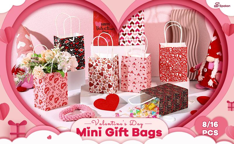 32 Pcs Valentines Day Goodie Bags Kraft Paper Gift Bags with Handle Tissue Paper,Appreciation Gift Wrapping for Friends Teacher Students Office Employee Coworker,Galentine's Day Birthday Wedding School Classroom Party Gift,Valentine Gift Exchane