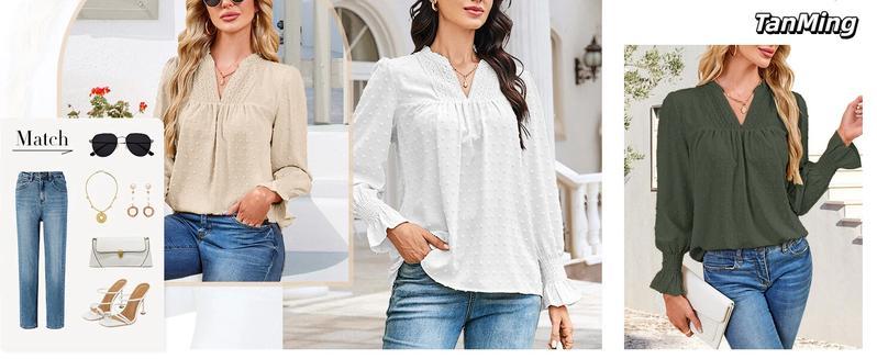 Mundoven Boho Tops for Women V Neck Blouses Flowy Swiss Dot Dressy Casual Lace Womens Long Sleeve Shirts Trendy 2026 Mundoven Boho Tops for Women V Neck Blouses Flowy Swiss Dot Dressy Casual Lace Womens Long Sleeve Shirts Trendy 2026