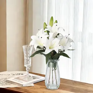 GAOMON Faux Lily Flowers with Vase, 6 Heads Full Bloom Lily & 3 Buds, Long Stem Artificial Stargazer Lilies, Faux Tiger Bouquets in Glass Vase for Home Hotel Flower Arrangement Party Decor, White