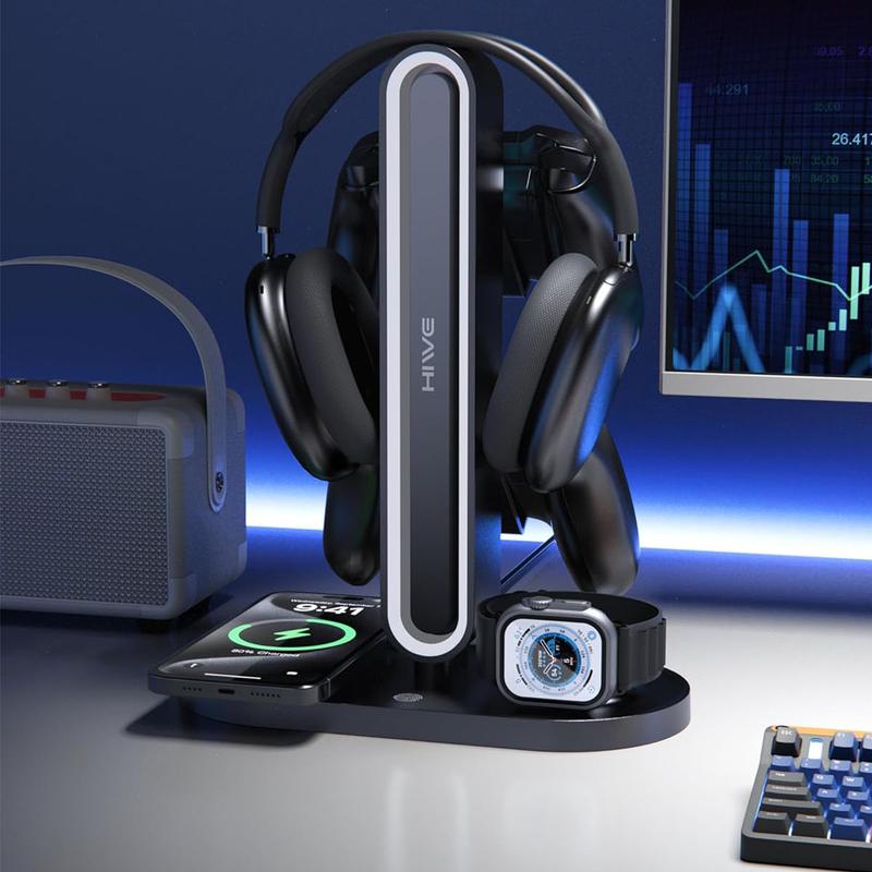 HiWe Universal RGB Gaming Headphone Stand with 2 Controller Holder, Wireless Charger for iPhone/iWatch,  Non-Slip Base, with USB-A & USB-C Outputs