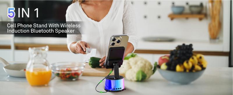 Wireless Induction Audio Bluetooth Speaker 5in1 Cellphone Holder USB Emergency Rechargeable (5000mAh) Portable Power Mobile Tablet Stand with Colorful Ambient Light Gifts for Friend, Family