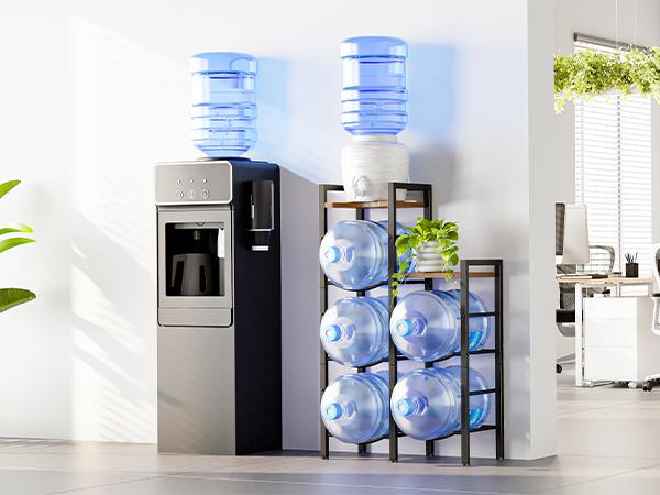 HOOBRO 5 Gallon Water Jug Holder, Water Bottle Holder Organizer with Wooden Top Shelves, Industrial-Style Bottle Storage Rack with Fenced Top, for Home, Office, Rustic Brown and Black