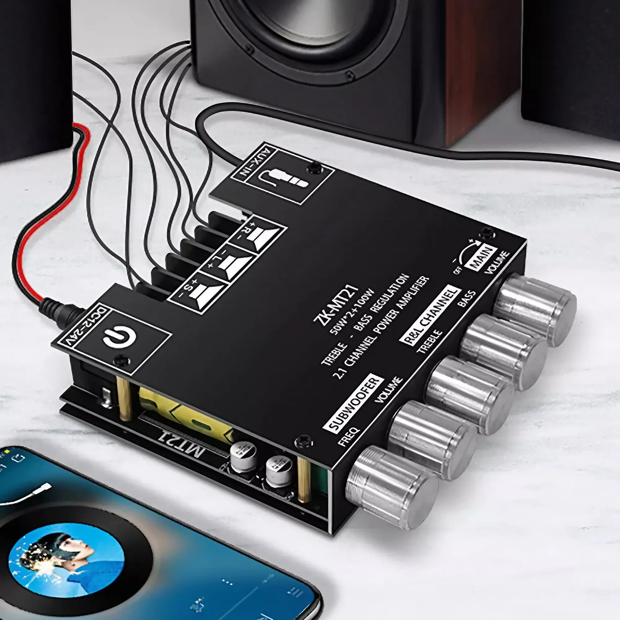 BT-compatible Adjustable Power Amplifier Board with Subwoofer, Stereo Subwoofer Amplifier, 2.1 Channel 50wx2+100w, Dc 12V-24v Audio Amp Module for DIY Home Theater Bass Amplifier
