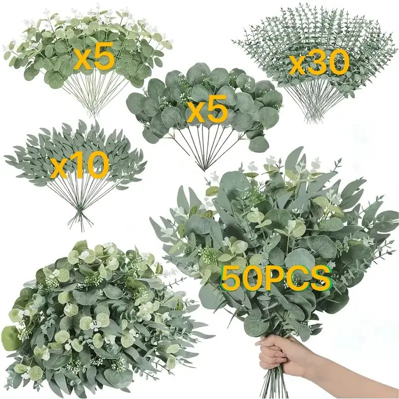 Artificial Eucalyptus Leaves and Stems, Fake Plant Decoration, Realistic Feel, Natural Look, Suitable for Bouquets, Home Decor, Events, 50pcs, Multiple Colors, Plastic Fake Greenery, Decorative Artificial Plants, Fake Indoor Plants