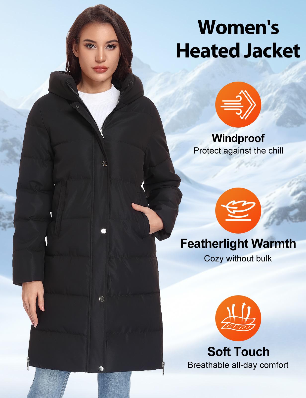 HEEKPEK Women’s Heated Long Down Jacket with Hood, 8 Heating Zones Water-Repellent winter inter Heated Outerwear Coat  coat for Women