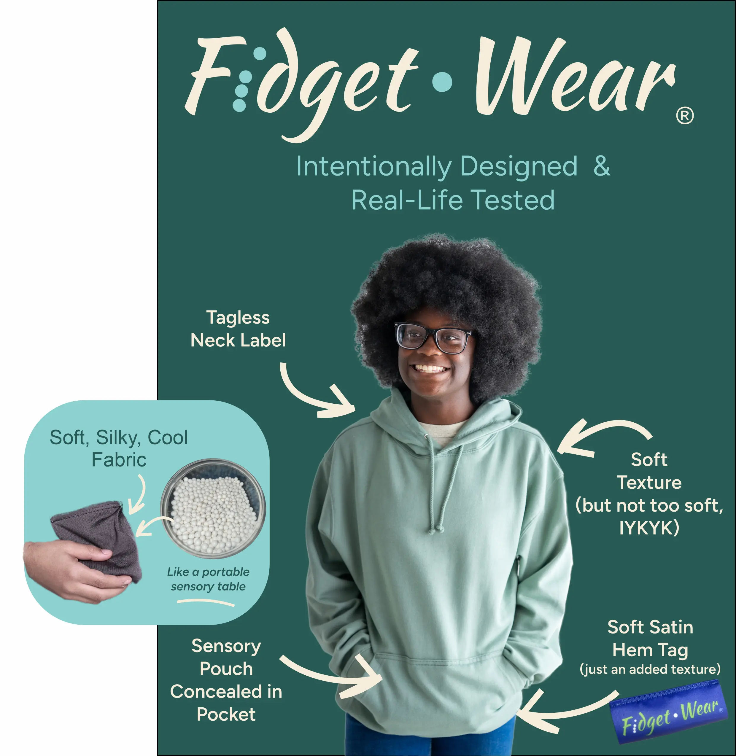 Fidget-Wear Sensory Pullover Hoodie with discreet Built-In Fidget Pouch, classroom friendly, teacher approved, ADHD, Sensory & Anxiety tool- Adult