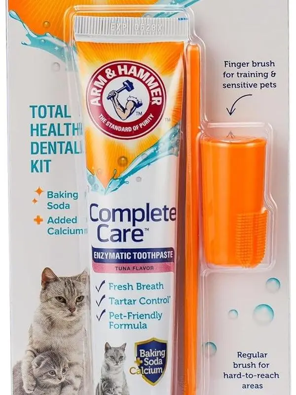 Arm & Hammer Feline Complete Care Dental Kit, Tuna Flavor Enzymatic Toothpaste (2.5 oz), Dual-Head Toothbrushes, Finger Brush, Baking Soda + Calcium, Fluoride-Free, Reduces Plaque, Prevents Gum Disease