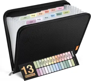 13 Pocket Accordion File Organizer, Zipper Expanding File Folder Organizer, Reinforced Plastic Accordion Folder, A4 Letter Size, Portable Folders for Documents, Black