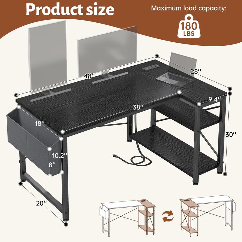 【BlackFriday New Release】Raybee 39''/47'' Gaming Desk L Shaped Computer desk with storage & Power Outlets USB for Home Office & Bedroom,Easy Assemble and Space-Saving,Gaming Equipment