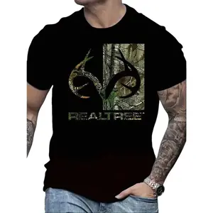 Pure Cotton Men's Plus Size Realtree Camouflage Logo Black T-Shirt - Fashionable Casual Style, Decorated With Eye-Catching Deer Antler Pattern, Ideal For Outdoor Sports And Nature Enthusiasts, Great Gift For Father's Day And Birthdays