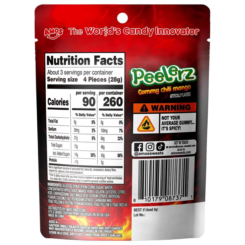 AMOS Peelerz Chili Mango Gummies, Peelable Gummy Candy, Spicy Sweet Mexican Candy-Inspired Flavor, Soft Chewy Novelty Candy Snack, 3 oz (85 g)
