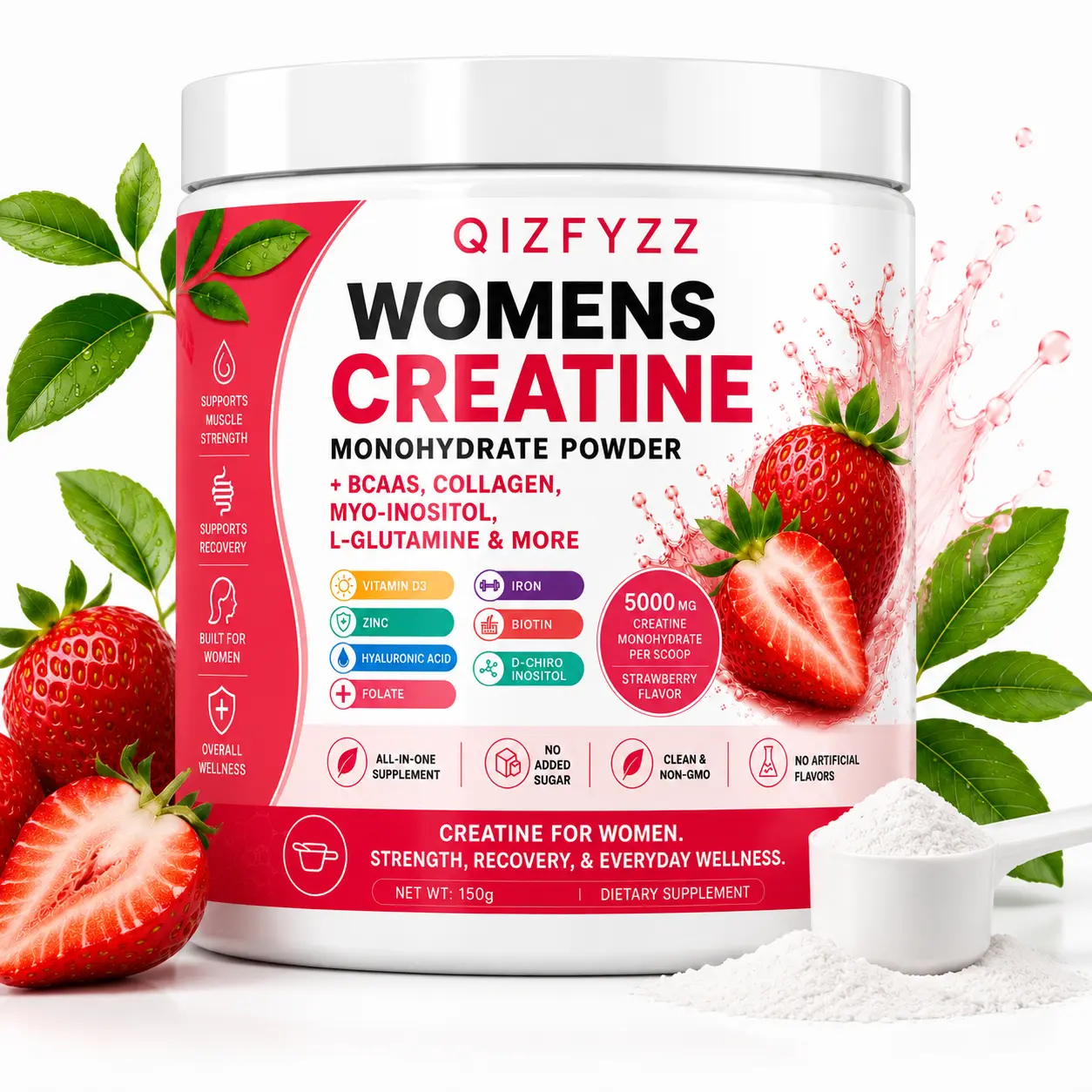 Women's Creatine Monohydrate Powder, 5000mg Dietary Supplement with BCAAs, Collagen Peptides, Myo-Inositol, L-Glutamine, Strawberry Peach Flavor, Muscle & Strength Boost, Fitness Support Energy Recovery Drink Mix, All-In-One Mix, Multi-Nutrient