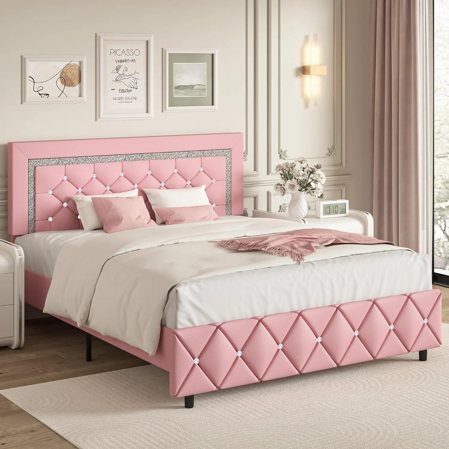 [SummerSale] HOMBCK Diamond Bed Frame, No Mattress, Comfortable and Adjustable Headboard, Modern style, Princess Bed, No Box Spring Required #home essentials#back to school Bedframes Sturdy Bed Frame