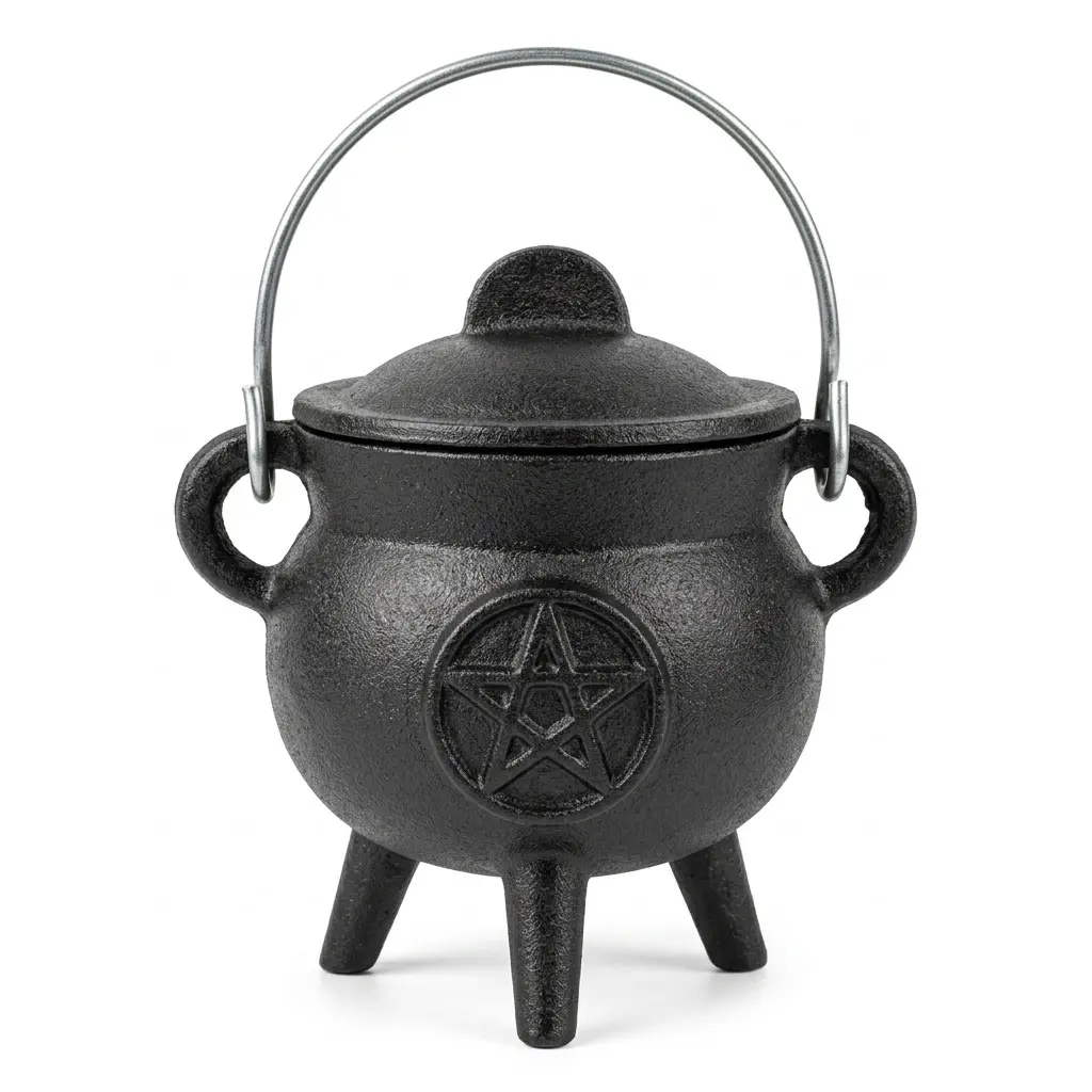 3 Inch Pentagram Cast Iron Cauldron with Lid — Compact Ritual Altar Tool