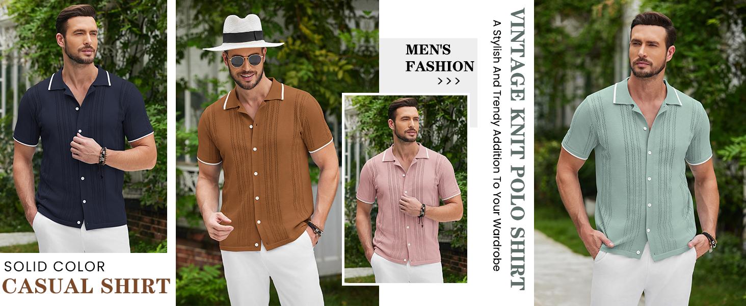 COOFANDY Men's Knit Button Down Shirt Vintage Short Sleeve Polo Shirts Casual Beach Tops Menswear